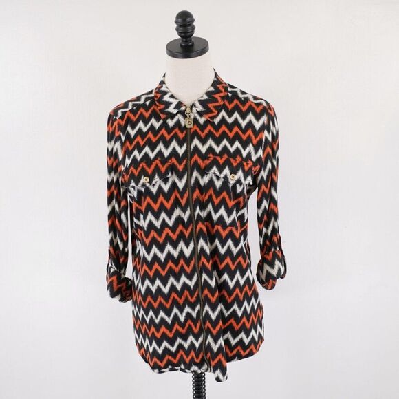 DAMAGED Michael Kors Orange Black Full Zip Collared Shirt Jacket 8 Tab Roll Slee - Picture 1 of 9